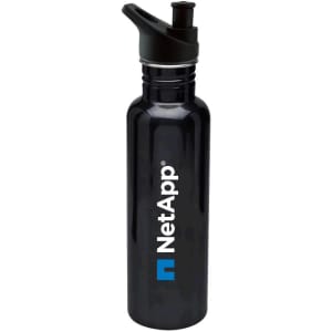 A drink bottle made of stainless steel, featuring a black finish and a logo. It has a flip-top spout for easy access.