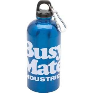 A drink bottle in vibrant blue with a black cap and a carabiner. It features bold branding on the side.