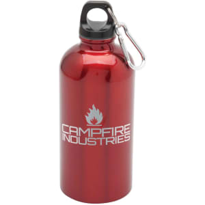 A drink bottle in shiny red with a metal cap and a carabiner, featuring a logo.