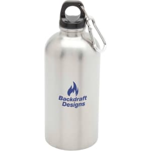 A drink bottle made of stainless steel, featuring a black cap and a logo. It's designed for durability and portability.