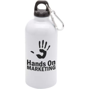 A drink bottle in white stainless steel with a black handprint design and a silver carabiner.
