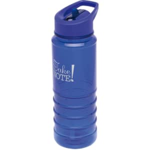 A drink bottle in a vibrant blue colour with a flip-top lid and a branding logo.