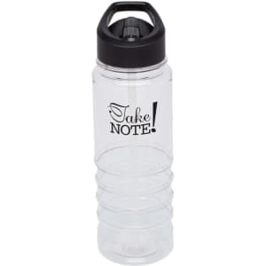 A drink bottle in clear plastic with a black lid and a logo design. Features a straw for easy sipping.