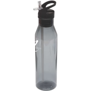A drink bottle in a grey transparent design with a black lid and spout, featuring a logo.