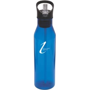 A drink bottle in blue with a clear straw and a black cap, featuring a logo on the side.
