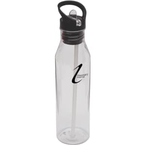 A clear drink bottle with a black lid and built-in straw, featuring a logo on its side.