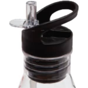 A drink bottle with a transparent body and a black lid, featuring a straw and a handle for easy carrying.