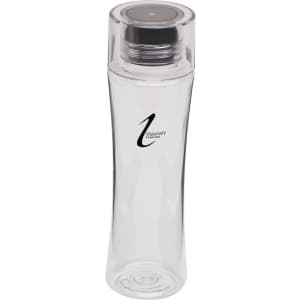 A drink bottle with a clear body and a silver cap, featuring a logo on the side.