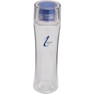A drink bottle made of clear plastic with a blue lid and featuring a logo on the side.