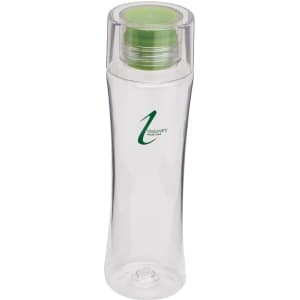 A drink bottle with a transparent body and a green lid, featuring a logo on the side.