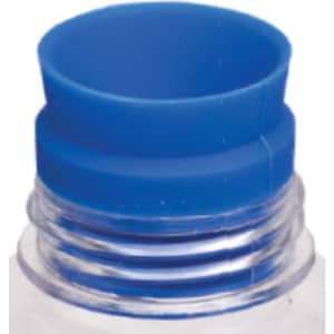 A drink bottle with a clear body and blue lid, featuring a ridged design and a branding logo.