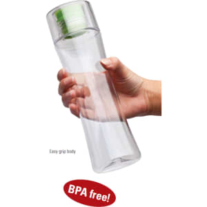 A drink bottle featuring a clear body with a green cap, designed for easy grip. It has a logo but is BPA free.