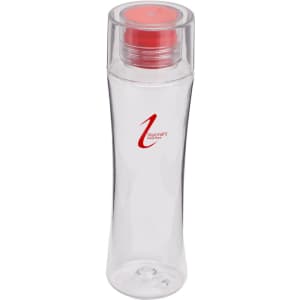 A drink bottle in transparent plastic with a red lid and a logo. Suitable for hydration on the go.