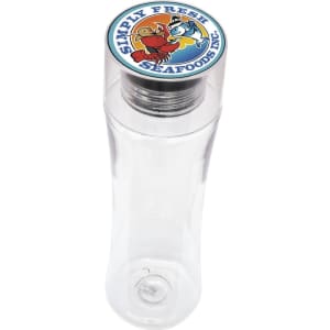 A drink bottle with a clear body and a round lid featuring a logo. The bottle is designed for beverages.