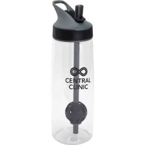 A drink bottle in clear plastic with a grey lid, straw, and mixer ball, featuring a logo.