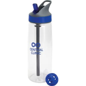 A drink bottle in clear plastic with a grey and blue lid, features a straw and a blue mixing ball. It has a logo.