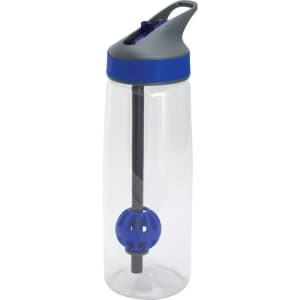 A drink bottle in clear plastic with a grey cap and blue accents, featuring a built-in straw and mixer ball.