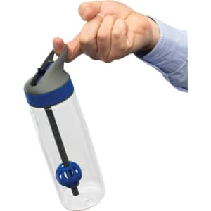 A drink bottle in clear plastic with a grey and blue lid, featuring a black mixing ball inside. It has a logo.