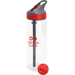 A drink bottle with a clear body, black straw, black and red lid, and a red mixing ball, featuring a logo.