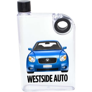 A drink bottle in clear plastic with a blue car design and a black cap, featuring a logo on the front.