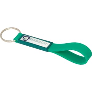 A turquoise silicone keyring with a dome-indent and a logo, featuring a metal keyring attachment.