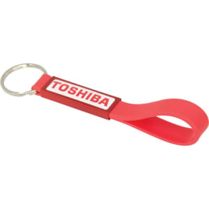 A red silicone sling keyring with a dome-indentation and a logo.