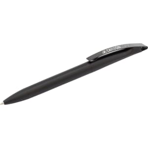 A black plastic pen with a clip and a logo on the side.
