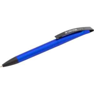 A blue plastic pen with a black clip and a brand logo on the side.