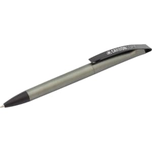 A grey plastic pen with a black grip and clip, featuring a logo on the side.
