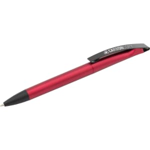 A shiny red plastic pen with a black clip and a branding logo on the side.