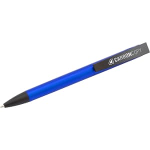A blue plastic pen with a black clip and branding on the side.