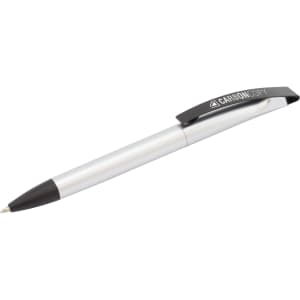 A silver plastic pen with a black tip and clip, featuring a logo on the clip.