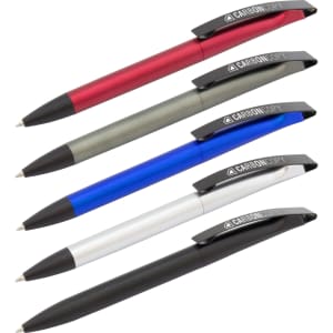 A collection of five plastic pens in red, silver, blue, black, and grey featuring a logo on the clip.