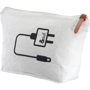 A white toiletry pouch with a zipper closure and a graphic depicting a plug and a cable. It features a brown leather pull tab.