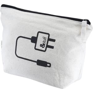 A white tech pouch with a zipper and graphics of a plug and cable; it includes a logo.