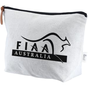 A white toiletry pouch with a zipper, featuring a logo and a leather pull tab.