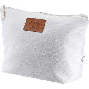 A cream-coloured fabric pouch with a leather patch and a logo, featuring a zip closure. Perfect for toiletries.