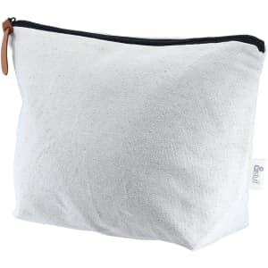 A white fabric pouch with a black zipper and a leather pull, featuring a small label on the side.