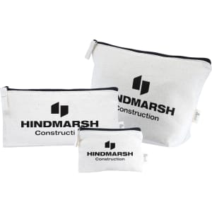 A set of three white bags with black zippers and a logo, varying in size.
