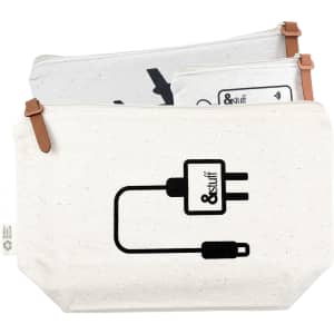 A cream-coloured travel set featuring two pouches with leather accents and minimalist designs, including a logo.
