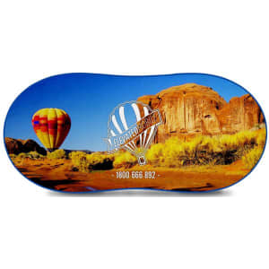 A full-colour sunshade featuring a scenic landscape with a hot air balloon and desert terrain, adorned with a logo.