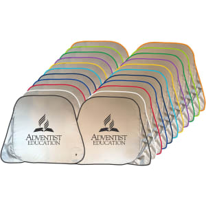 A series of silver sunshades in various colours, featuring a logo, arranged in a neat display.