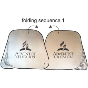 A silver sunshade featuring a logo, demonstrating the folding sequence for compact storage.