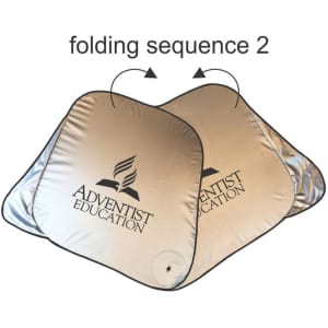 A foldable sunshade in a metallic shade with a logo, designed for outdoor leisure use.