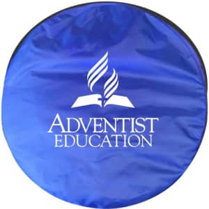A round blue sunshade featuring a logo, designed for outdoor leisure activities.