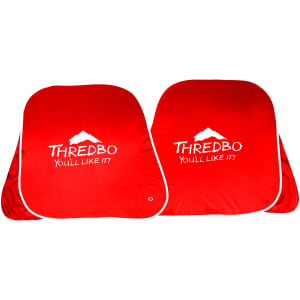 A red sunshade featuring a logo and text, designed for leisure and outdoor use.