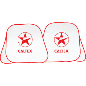 A pair of white sunshades featuring a red star logo and red trim, designed for leisure and outdoors.