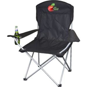 A black folding chair with silver frame, featuring a drink holder and a logo on the backrest.