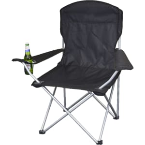 A black folding chair with armrests and a drink holder, featuring a silver frame. It has a logo on the chair.