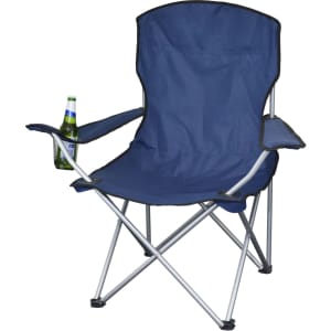 A navy blue folding outdoor chair with armrests and a drink bottle holder. It features a silver frame and has a logo.